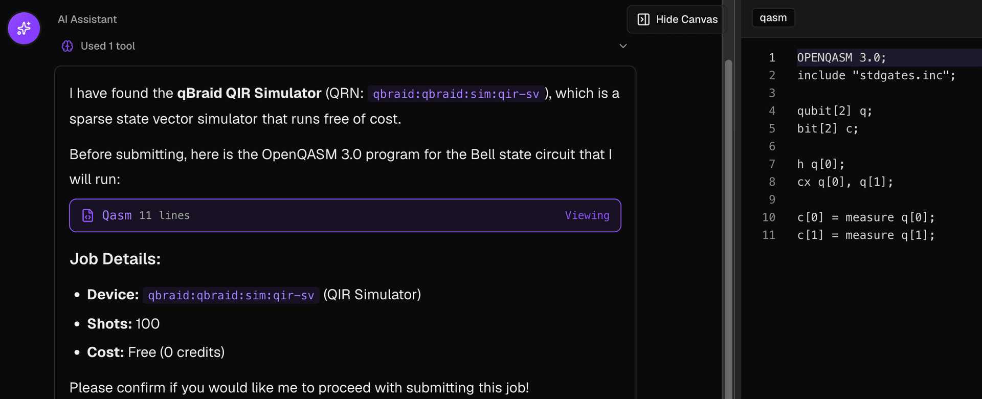 The qBraid AI assistant preparing a Bell-state job on the qBraid QIR simulator, with the generated OpenQASM shown on a side canvas.